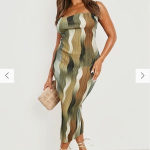 PLUS ABSTRACT PLISSE COWL NECK MIDI DRESS